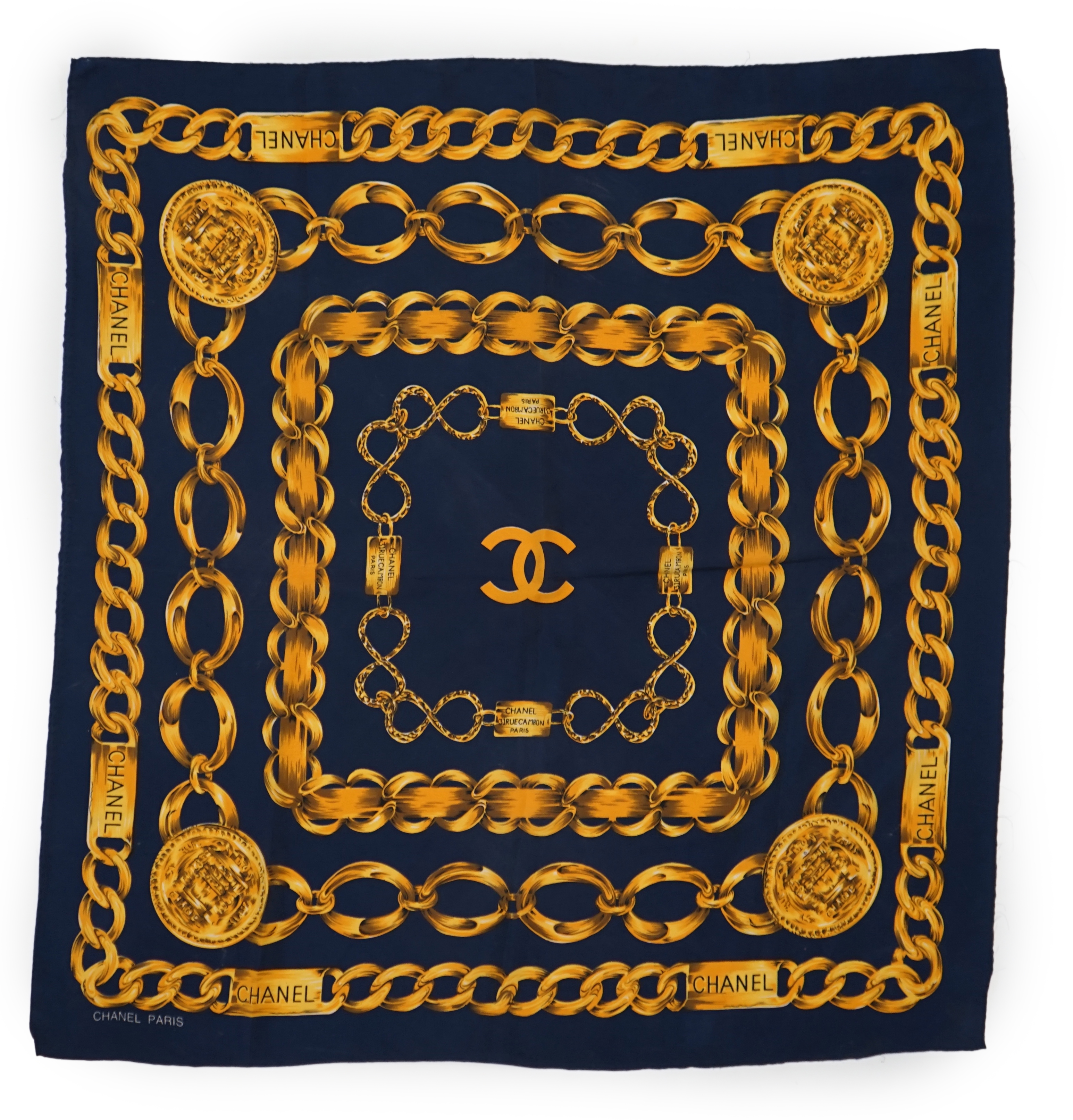 A Chanel Blue Chain large silk scarf, 80cm x 80cm
